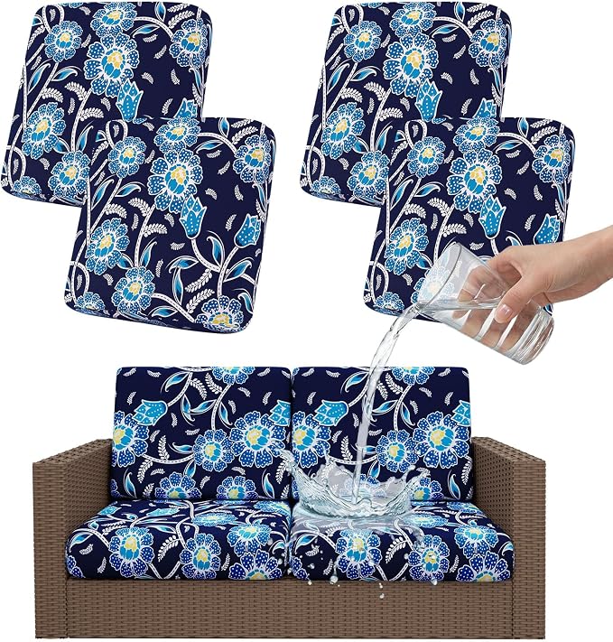 Smiry Waterproof Patio Cushion Covers, Stretch Outdoor Couch Slipcovers Replacement Washable Furniture Protector Sofa Chair Seat Cover for Dogs and Pets (4 Pcs, Midnight Blue)