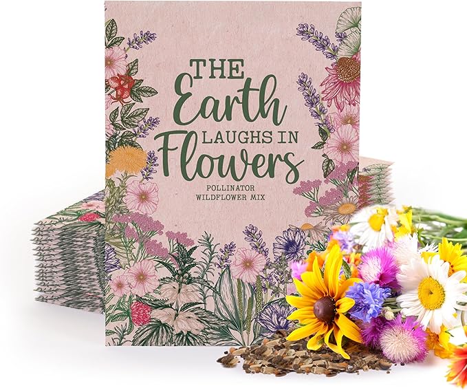 Bentley Seed Co. | The Earth Laughs in Flowers | Beautiful Illustrated Flower Design Art and Quote | Environmental Favor | Pollinator Wildflower Mix Seed Packets | Eco-Friendly Hand Out Gift | 25 Pk