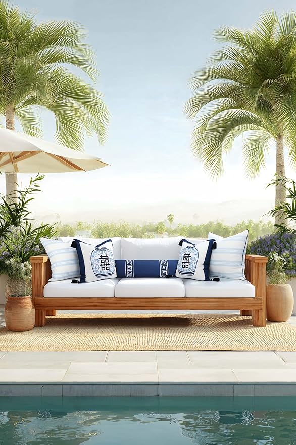 Hofdeco Premium Coastal Hampton Patio Indoor Outdoor Bolster Pillow Cover Only, 8"x24" Water Repellent for Backyard, Couch, Poolside, Navy Blue Embroidered Greek Key