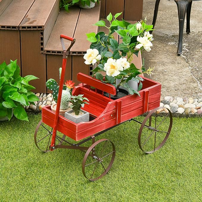 DORTALA Wood Wagon Planter, Outdoor Garden Flower Planter Cart with Wheels, Small Decorative Wood Raised Bed Plant Pot Box Stand for Backyard, Patio, Balcony, Red