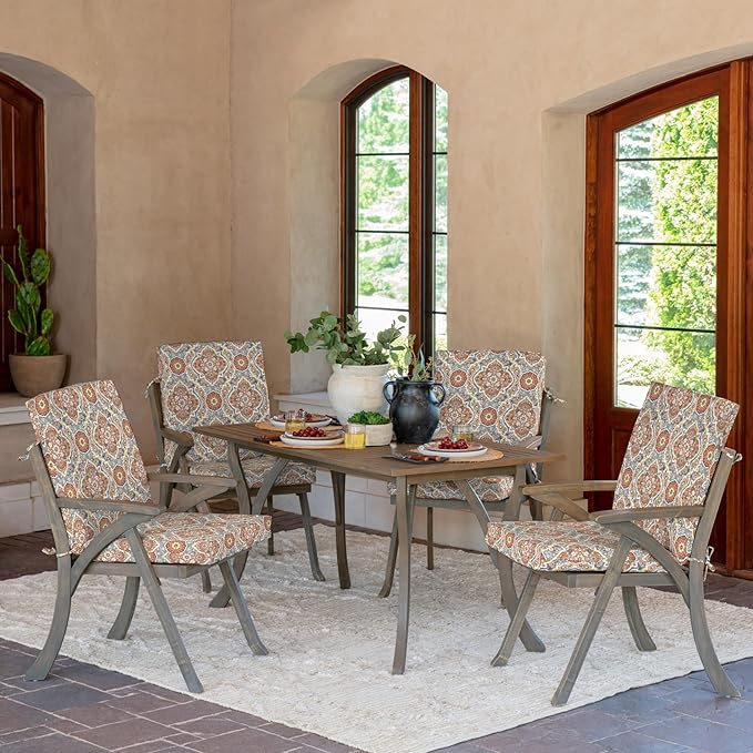 Arden 4-Pack Outdoor Patio Dining Chair Cushion, 20x44, Rain-Proof Seat Pad, Fade-Resistant Outdoor Cushion Global Vintage Medallion