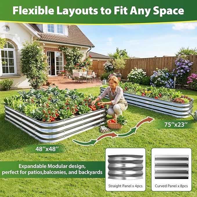Galvanized Raised Garden Bed 4x4 ft, Heavy Duty Metal Planter Box for Vegetables, Flowers & Herbs, 12" Raised Outdoor Modular Gardening Bed, Above Ground Growing Container, Easy Assembly, Silver