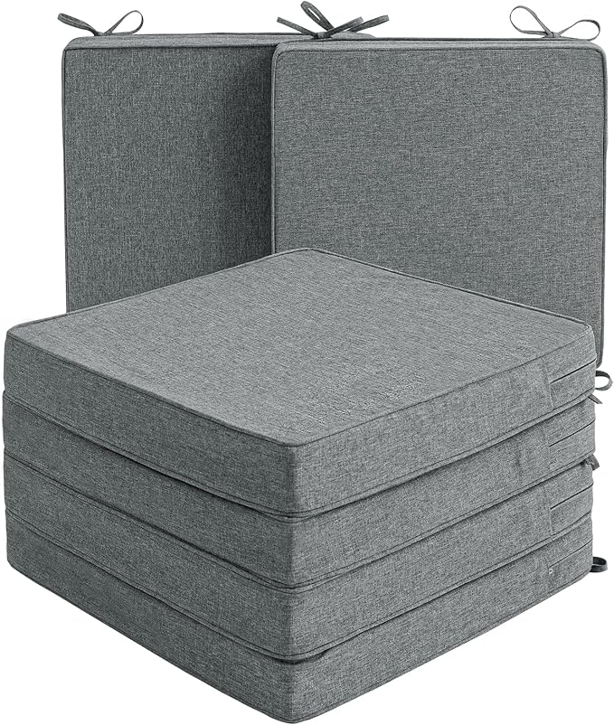 Outdoor Chair Cushions, Water-Resistant & Fade-Resistant, Patio Furniture Square Seat Replacement Chair Pads with Ties, Removable Cover, Non-Slip Bottom, Set of 6, 22 x 22 Inch, Dark Grey
