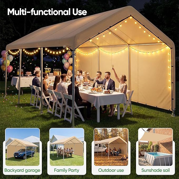 SIHAIAN 10 x 20 Ft Carport Replacement Canopy Cover with Sidewall(No Frame) Easy to Set up Carport Canopy, 500D Heavy-Duty Garage Top Tent Tarp Waterproof and UV Protected (Only Canopy Cover) Beige