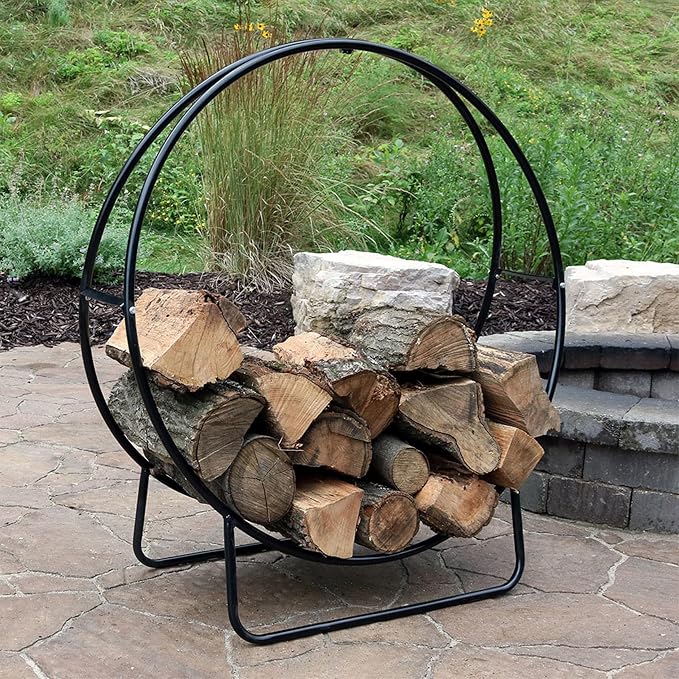 Sunnydaze 40-Inch Firewood Rack with Cover - Black Indoor Firewood Holder - Log Holder Hoop and Cover Set - 500-lb Capacity