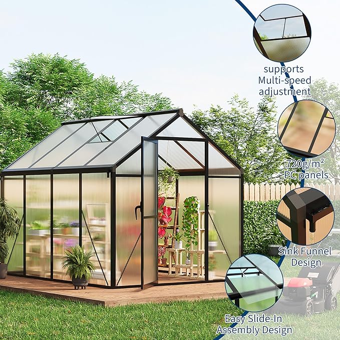 IDEALHOUSE 6×8 FT Greenhouse, Large Walk in Greenhouses for Outdoors and Garden Planting, Polycarbonate Greenhouse with Enhanced Aluminum Frame, Green Houses with Quick Setup Structure and Roof Vent