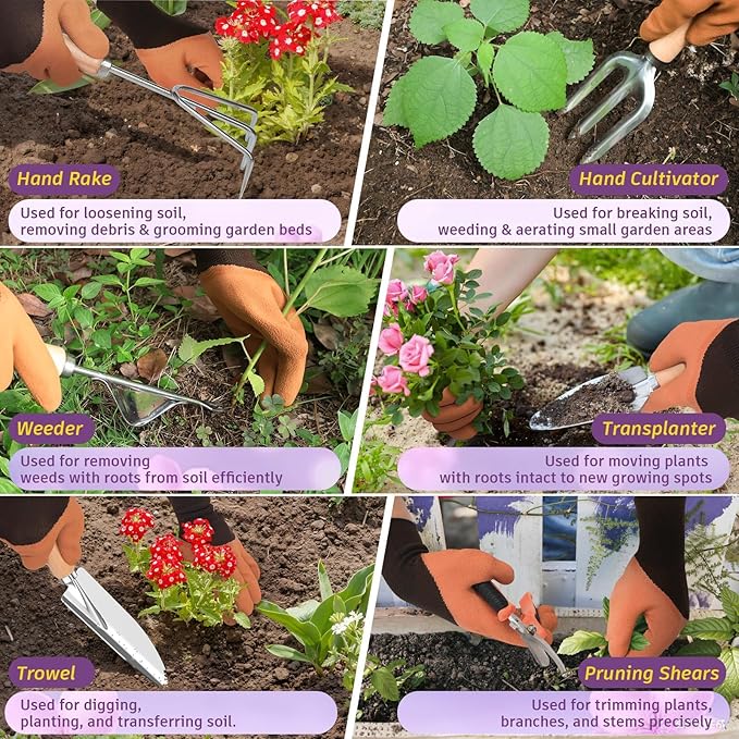 22Pcs Gardening Tools Set for Women Heavy Duty Garden Hand Tool Kit,Gifts for Mothers Day Mom Beginner Gardening Accessories with Large Tote Bag/Shovel/Repotting Mat/Plant Labels/Gloves-Purple