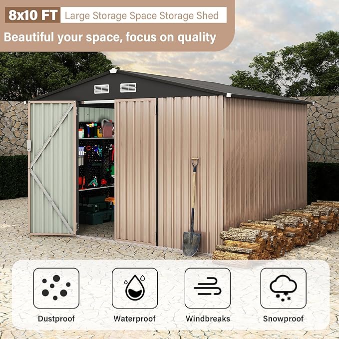 8X10 ft Outdoor Metal Storage Building, Secure Lockable Door & Air Ventilation System, Premium Metal Tool Shed for Garden, Backyard, Patio, Ideal for Lawn Equipment & Tools