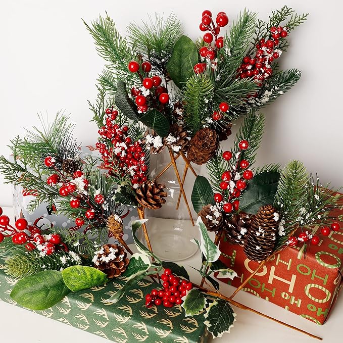 DR.DUDU 12 Packs Holiday Faux Christmas Evergreen for Wreaths, Swags, Topiaries, Elements Include Types of Evergreens, Holly Leaves, Winter Berries, Pine Cones, Laurel Leaf (6 Styles, 12-14 in)