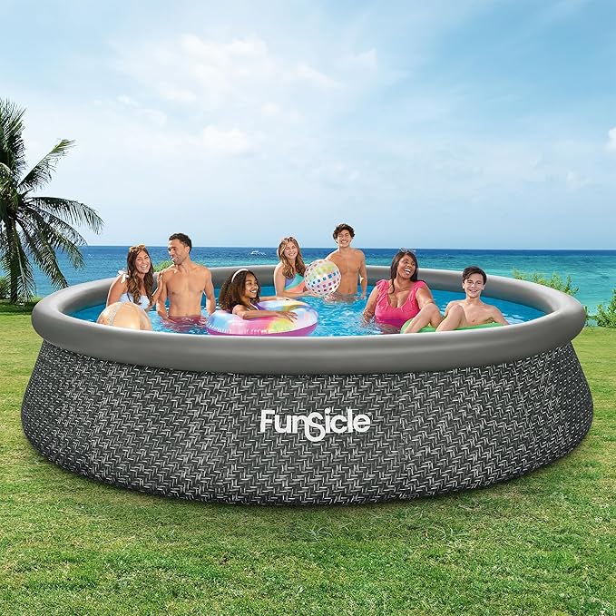 Funsicle Quickset Designer 14' x 36" Round Above Ground Swimming Pool, with FiltraBoost 800 GPH Filter Pump, Ladder, Type D Filter Cartridge & Repair Patch, Dark Herringbone