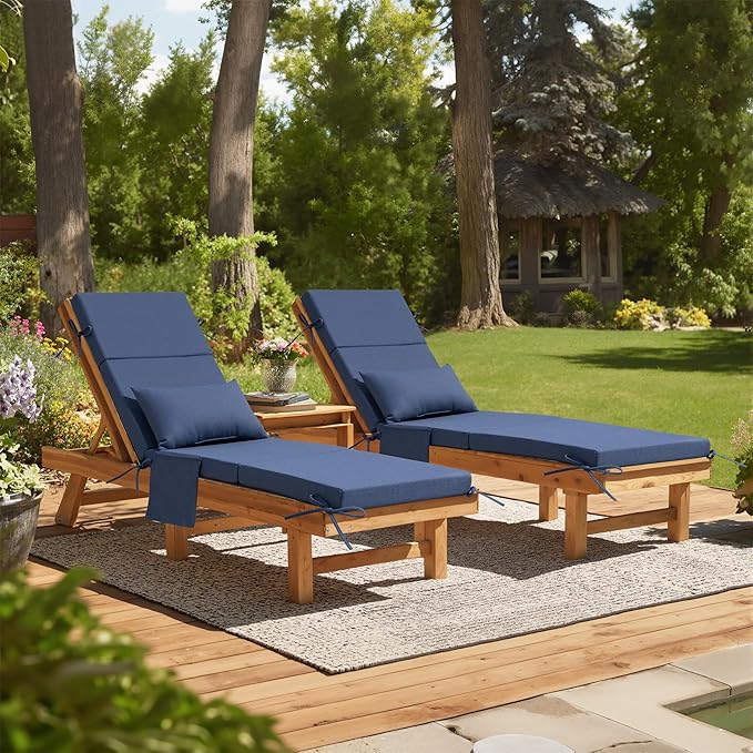 Crestlive Products Foldable Outdoor Chaise Lounge Cushions with Head Pillow and Side Pockets,Water Repellent & Fade Resistant Lounge Chair Cushion, 72''L x 21''W, Set of 2, Sky Blue