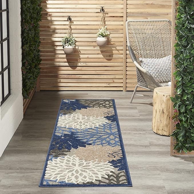 Nourison Home Aloha Indoor/Outdoor Blue/Multicolor 2' x 6' Area Rug, Tropical, Botanical, Easy Cleaning, Non Shedding, Bed Room, Living Room, Dining Room, Deck, Backyard, Patio (2x6)