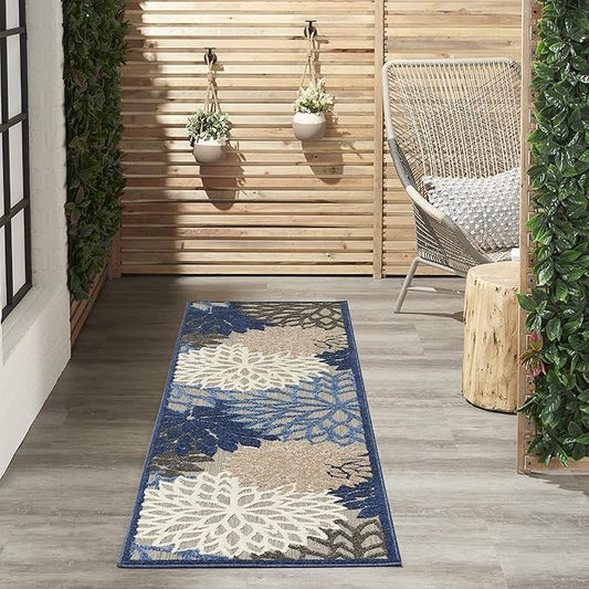 Nourison Home Aloha Indoor/Outdoor Blue/Multicolor 2'3" x 8' Area Rug, Tropical, Botanical, Easy Cleaning, Non Shedding, Bed Room, Living Room, Dining Room, Deck, Backyard, Patio (2x8)
