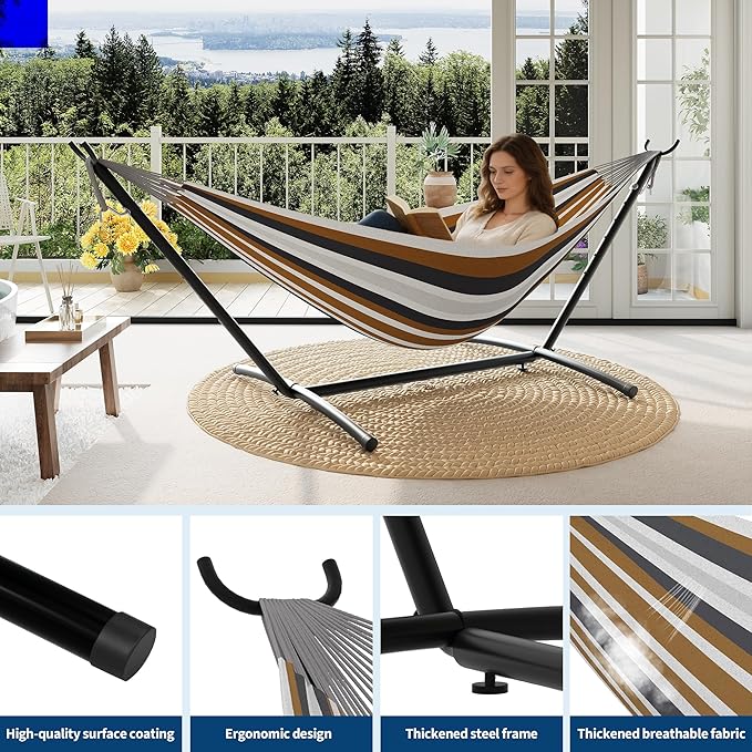 Garvee 2 Person Hammocks with Stand for Outside, Double Hammocks Portable Space Saving Heavy-Duty Steel Stand for Indoor Outdoor Patio with Carrying Bag, 450 lbs Capacity
