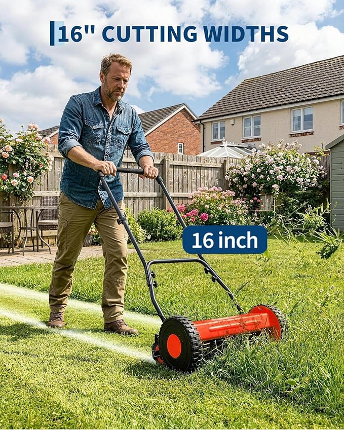 GarveeLife 5-Blade Push Reel Lawn Mower, 16-Inch Manual Push Grass Cutter, Adjustable Cutting Height, Lightweight & Easy Assembly for Small/Medium Yards, Compact Storage, Quiet Eco-Friendly