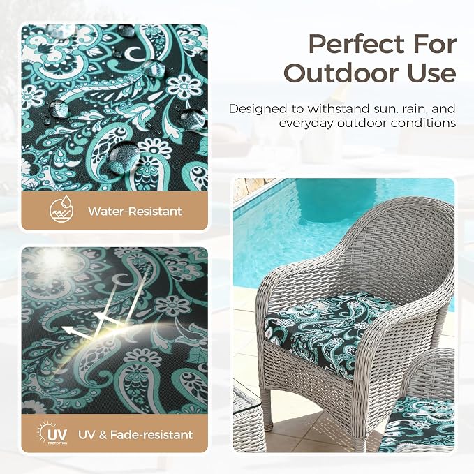 UNIKOME Outdoor Chair Cushions Set of 4, Water Resistant Patio Seat Cushions with Ties for Outdoor Furniture, High-Density Foam, UV & Fade Resistant, Piped Edge – 24" x 24" x 4", Boho Teal Paisley