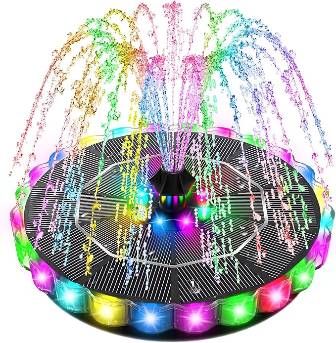 SZMP 3.5W Solar Fountain for Bird Bath with 2000mAh Battery & 3D Color Changing LED Light, Anti-Drift Fixer & 8 Nozzles, Solar Powered Water Fountain Kit for Garden, Patio, Pond