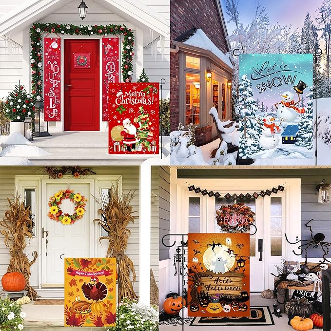 Seasonal Garden Flags Set of 12, Holiday Garden Flag 12x18 Inch Double Sided for Valentine's Day Easter Christmas Halloween Outdoor Decor, All Seasons Holiday Decorations