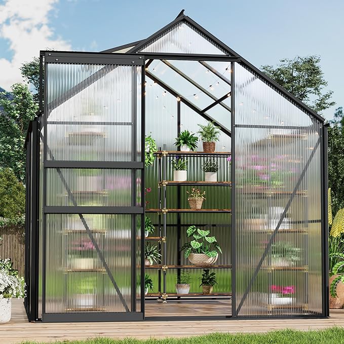 6x6FT Greenhouse for Outdoors, Walk-in Polycarbonate Greenhouse with Sliding Door, Adjustable Roof Vent & Gutter System, Portable Outdoor Green House Kit for Winter Gardening