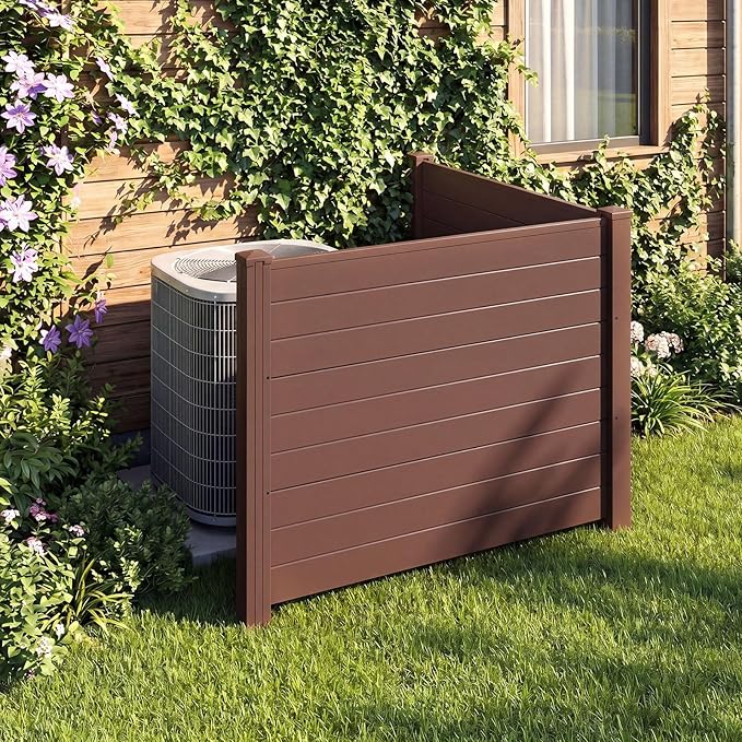 Happygrill Air Conditioner Fence 2 Panels, Trash Can Screen w/Stakes, 48”L x 38”H Pool Equipment Enclosure, Freestanding Outdoor Privacy Fence Screen for Lawn Garden AC Unit Pool Pump, Brown