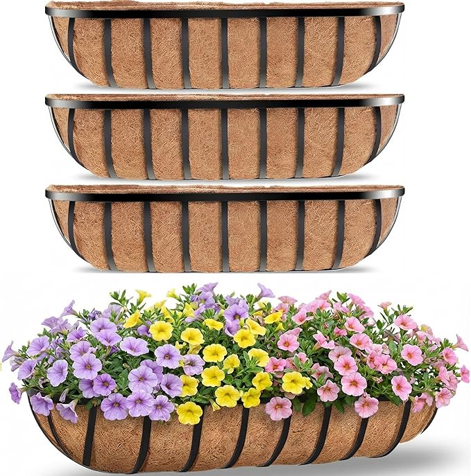 HFHOME 30" Window Box Deck Railing Planter with Horse Trough Coco Liners, Black Metal Hanging Flower Planters Baskets for Indoor, Outdoor, Balcony, Porch, Fence, Patio, and Lawn (Set of 4)
