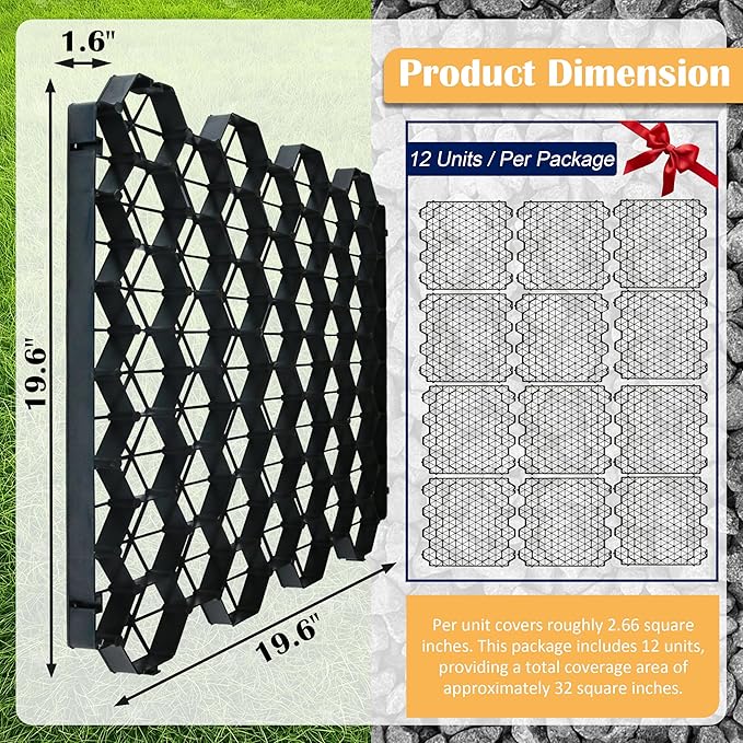 12 Units Permeable Pavers Gravel, Grass& Gravel Driveway System, Interlocked Pavers Gravel Grid Black PE Shed Base 1.6" Depth, 32 Sq Ft (12)