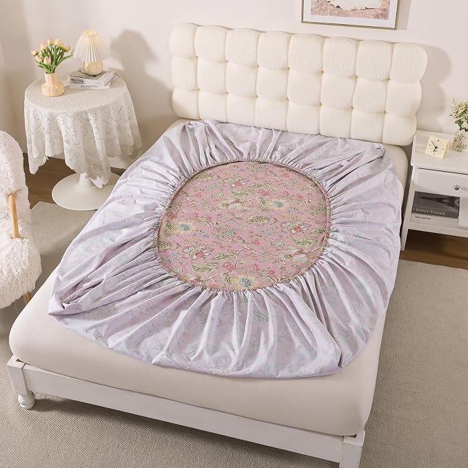 FADFAY King Sheet Set 4Pcs 100% Egyptian Cotton Bed Sheets Deep Pocket Soft Breathable Vintage Misty Pink French Country Bedding Shabby Cottagecore Floral Bedding Luxury Hotel Quality for All Seasons