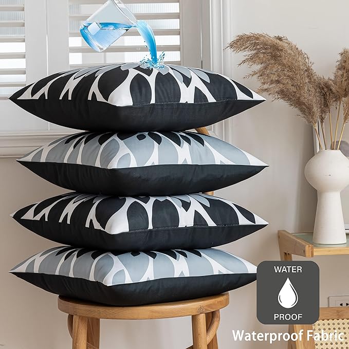 Qahing Pack of 4 Outdoor Waterproof Pillow Covers 20x20 Decorative Outdoor Throw Pillows Garden Square Cushion Cases for Patio Furniture, Couch, Tent Sunbrella, Bench, Black Grey