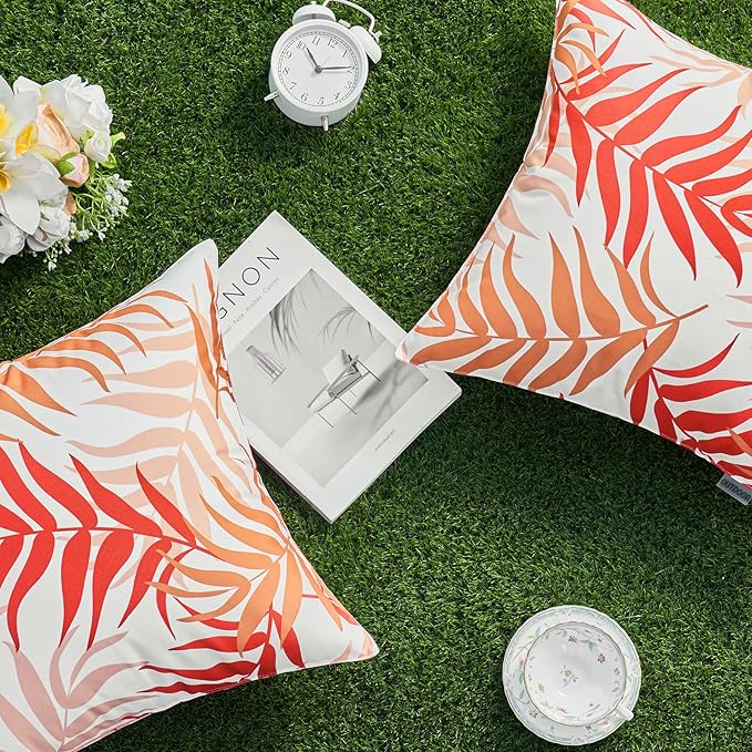 MIULEE Pack of 2 Fall Decorative Outdoor Waterproof Throw Pillow Covers Patio Pillow Cases Natural Leaves Pattern Spring Square Cushion Shams Shell for Garden Balcony Couch 20x20 Inch, Orange