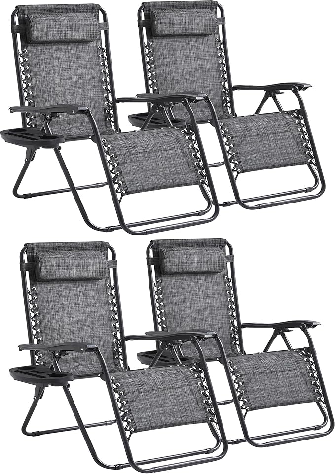 Zero Gravity Chair Set of 4 Oversized Folding Recliner, Padded Anti Gravity Lounge Chair with Adjustable Pillow & Cup Holder for Outdoor Camping, Patio, Poolside, Lawn (Gray)