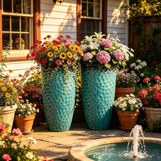 23.75" H Large Tall Outdoor Planters, Set of 2 Plastic Large Flower Pots for Outdoor Plants, with Turquoise Teal Honeycomb Texture, Weather-Resistant for Porch, Garden, Patio or Indoor Use