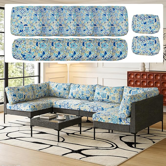 14Pcs Outdoor Cushion Covers Replacement Washable Waterproof UV w/Zipper for 6-Seaters Sofa Patio Slipcovers Set Seat and Back Covers Only (Morocco Dream, 23.6x23.6inch)