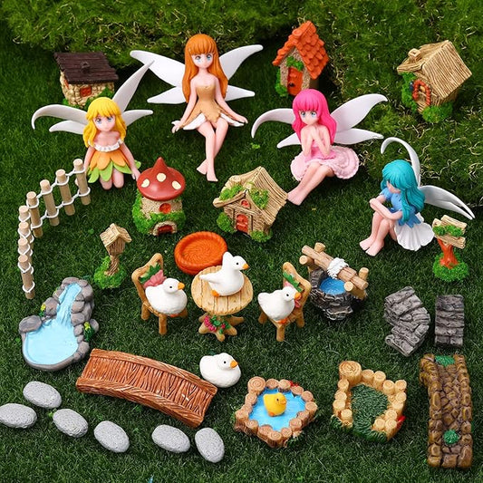 35 Pcs Fairy Garden Accessories Miniatures Garden Kit with Resin Fairies, Duck, Mushroom House & Bridge Miniature Accessories for Terrarium, Dollhouse & Outdoor Decor
