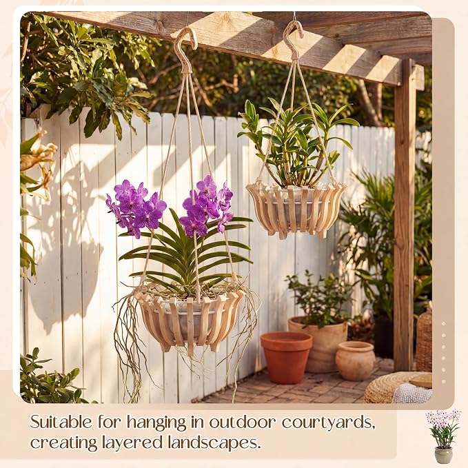 2 Sets Rustic Orchid Pots with Holes, Orchid Hanging Planter with Hangers, Wooden Lotus Flower Shape 10 & 8 Inch Specialist Hanging Baskets for Outdoor Patio Garden
