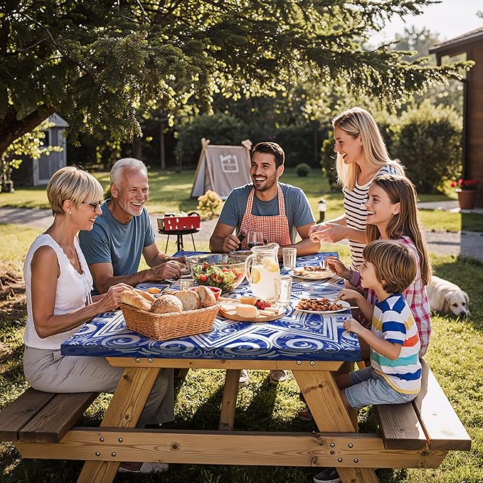 Fitted Waterproof Picnic Table Cover with Bench Covers Elastic Stain Resistant Camping Table clothes for 6Feet Rectangle Tables Outside Parties Necessities Gift Travel Trailers Trips Rv Things