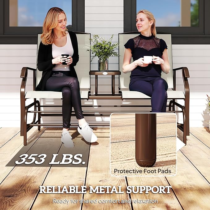Outsunny Outdoor Glider Bench with Center Table, Metal Frame Patio Loveseat with Breathable Mesh Fabric and Armrests for Backyard Garden Porch, Beige