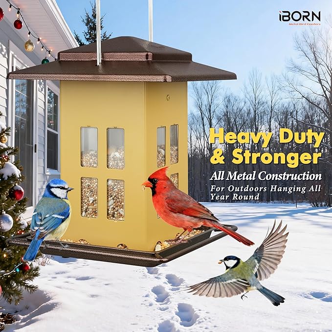 iBorn Bird Feeders for Outdoors, Metal Bird Feeder, Wild Bird Feeders for Cardinal, 2.4LBS Capacity,18cm Large Roof, Lantern Style, Black (Muted Yellow)