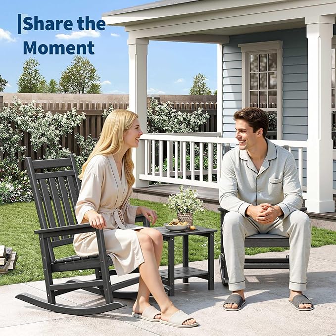 GarveeLife Poly Lumber Rocking Chair Outdoor Set of 2 with Side Table - HDPE High Back Porch Rocker Chairs for Adults - All Weather Resistant Furniture for Patio - Black