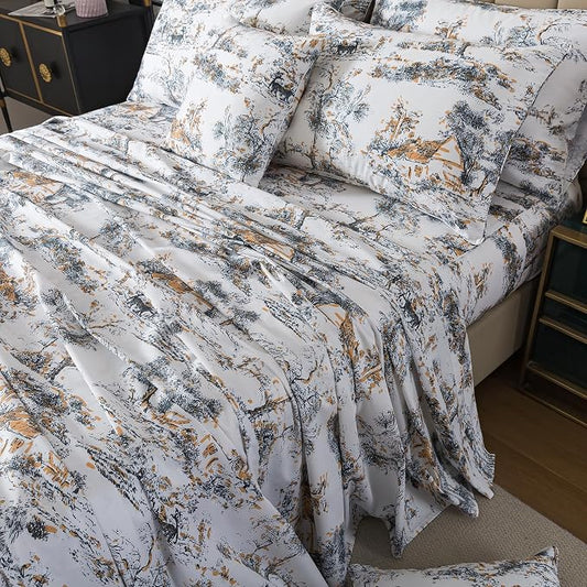FADFAY Toile Sheets Set Cal King 100% Egyptian Cotton French Country Toile de Jouy Bedding Black and Gold Floral Bed Sheets Shabby Farmhouse Bedding Breathable Soft Deep Pocket 4Pcs, California King