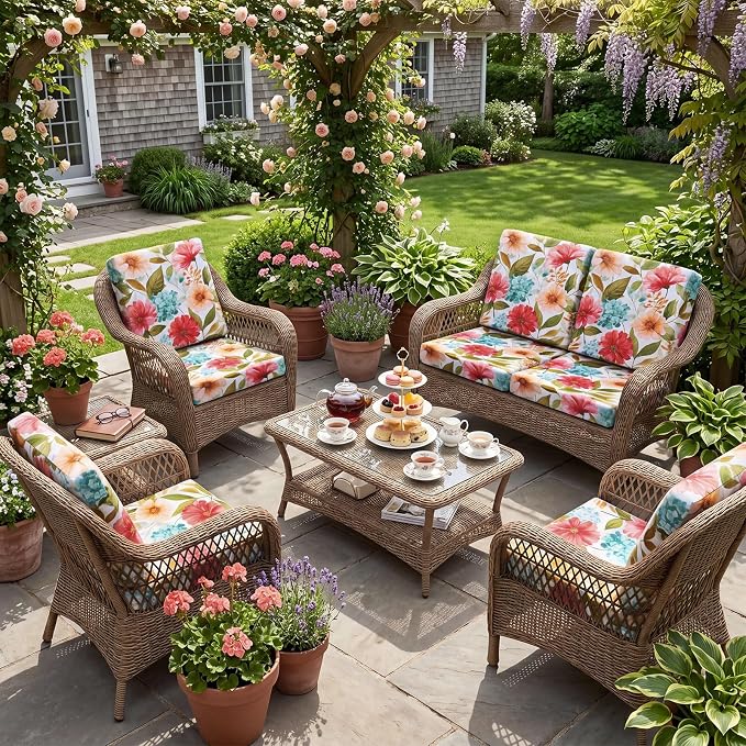Newwiee 12 Pcs Patio Stretch Outdoor Cushion Covers Sofa Couch Cover Replacement Couch Slipcover Sofa Seat Chair Porch Patio Furniture Protector, Flexibility Washable(Pastel Series,Garden Floral)