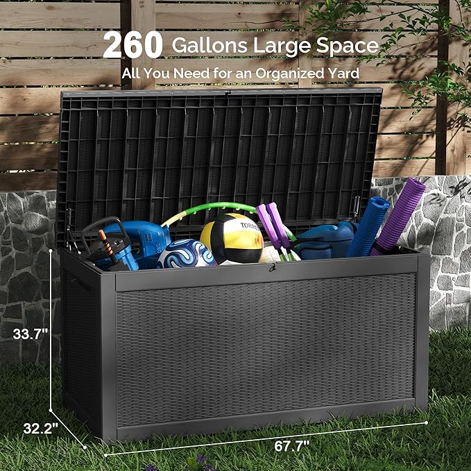 Sersper 260 Gallon Outdoor Storage Box, Large Deck Box with Gas Struct, Waterproof Resin Storage Bin for Patio Cushions, Pool Supplies, Lockable Box, UV Resistant, Black