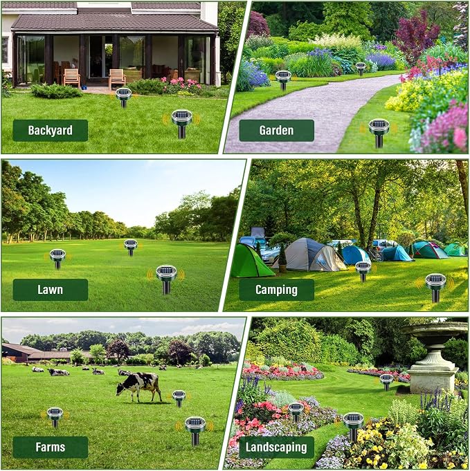 Solar Powered Mole Repellent 10 Packs, Pet-Safe Ultrasonic Pest Repeller, Waterproof Snake Gopher Vole Repellent for Lawn Garden, Humane Groundhog Chipmunk Deterrent