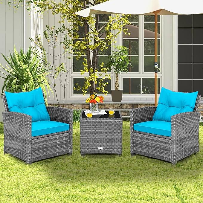 COSTWAY 3PCS Patio Furniture Set, PE Rattan Wicker Sofa w/Washable Cushion and Coffee Table, Tempered Glass Tabletop, Outdoor Conversation Set for Balcony, Porch, Yard, Backyard, Lawn, Turquoise