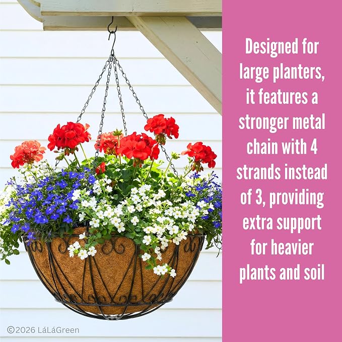LaLaGreen Hanging Baskets for Plant Outdoor (20 Inch, 2 Pack) Large Black Metal Wire Round Flower Pot Hanging Planter with Coco Liner Holder Hanger Easy Install Modern Garden Balcony Country Decor