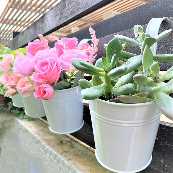 LaLaGreen Bundle - 6" x 10 Pack Black + 6" x 10 Pack White Large Metal Flower Pot Over Rail Balcony Railing Hanging Buckets for Plants Outdoor Fence Wall Herb Garden Succulent Outside Deck Patio Porch