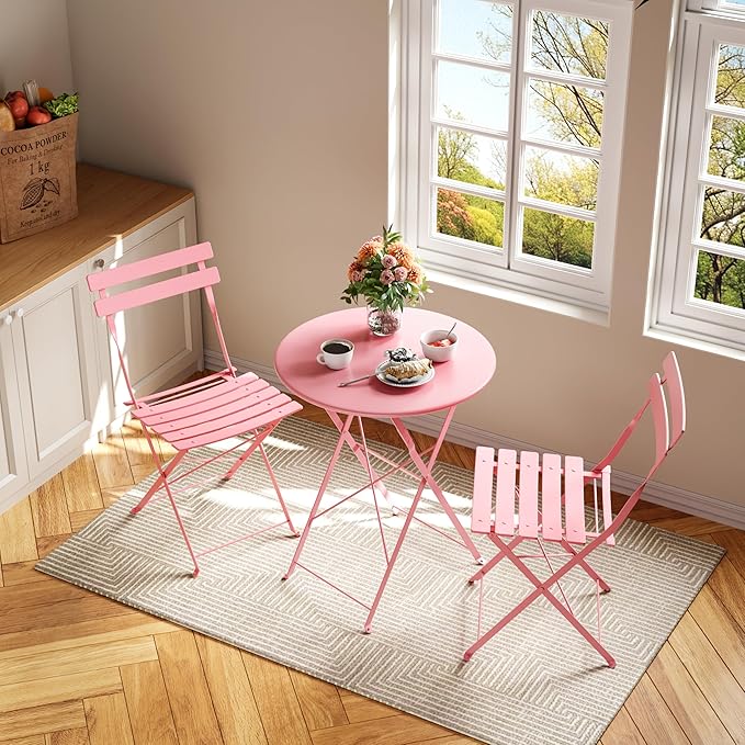 Bistro Table and Chairs Set of 2, 3 Piece Outdoor/Indoor Folding Patio Bistro Sets, 2 Chair Patio Furniture Set with Table, Premium Frame Foldable Coffee Tables for Balcony, Yard, Garden, Pink