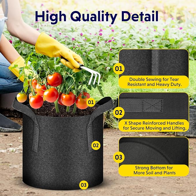 iPower 5-Pack 5 Gallon Thickened Grow Bags Nonwoven Fabric Pots Aeration Container with Strap Handles for Garden and Planting, Black