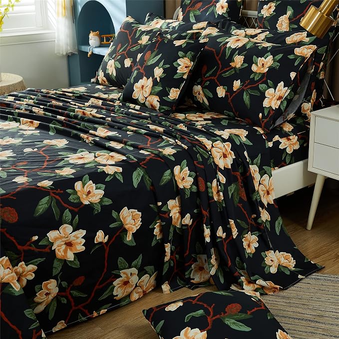 FADFAY Sheets Set Queen Shabby Black and Yellow Floral Bedding Elegant Peony Sheets Set Vintage Farmhouse Bedding Soft 100% Egyptian Cotton 800 Thread Count Deep Pocket Fitted Sheet, 4Pcs-Queen Size
