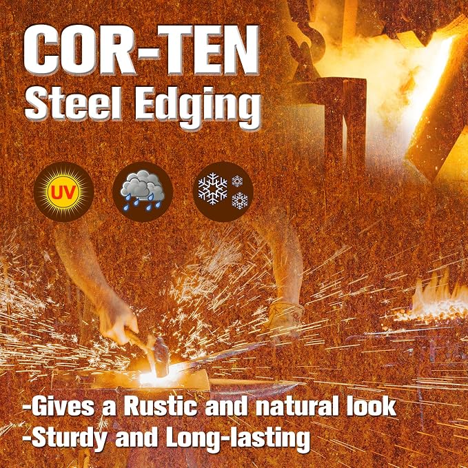 Worth Garden 20ft Pre-Rusted Cor-Ten Steel Landscape Edging – Heavy Duty Metal Garden Edging Border, 40" L x 6-Pack 5.5" H Panels, No-Dig Hammer-in Lawn & Yard Edging with 7 Clamps & Gloves