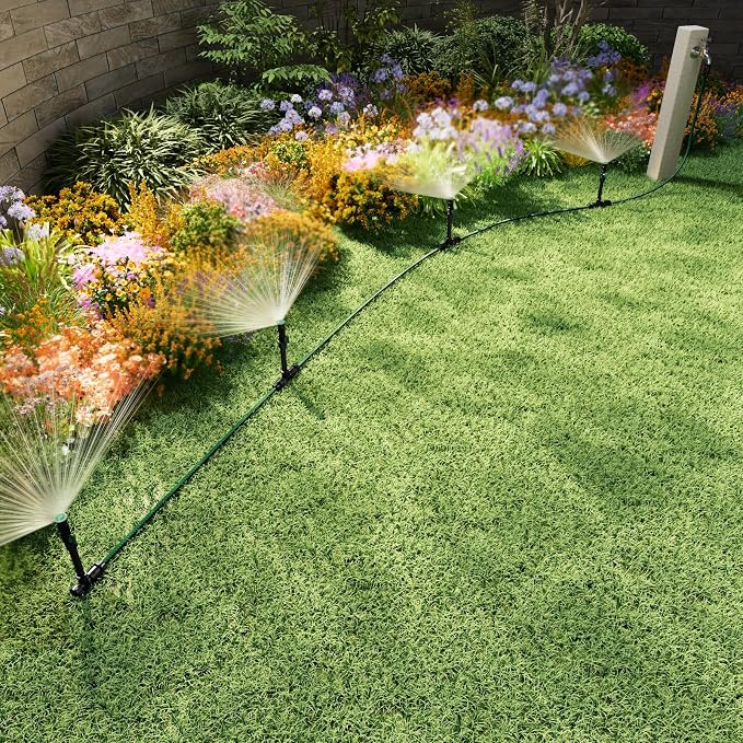 Flexible Sprinkler System, Above Ground DIY Irrigation Kit | Multi-Adjustable Lawn Sprinkler Set, Ideal for Plant and Flower Bed Watering, 50ft Garden Hose Included